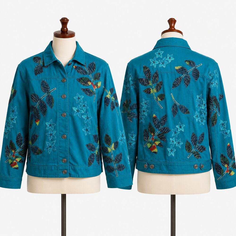 Chico's Design Teal Floral Embroidered Jacket Size 1(M) Cotton Silk Appliqué
